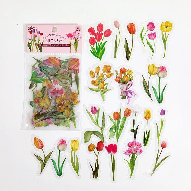 40 Piece/Pack Colorful Flower Retro Art Handbook Diary DIY Decoration PET Sticker for Album Notebook Girl Decorative Supplies