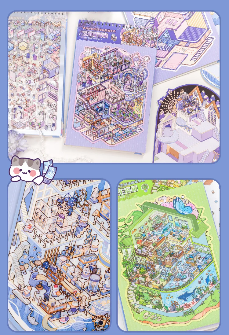 20 pcs Super Large Miniature Scene Sticker Book 3D Cute Three-dimensional House DIY CStudents Educational Fun Sence Sticker