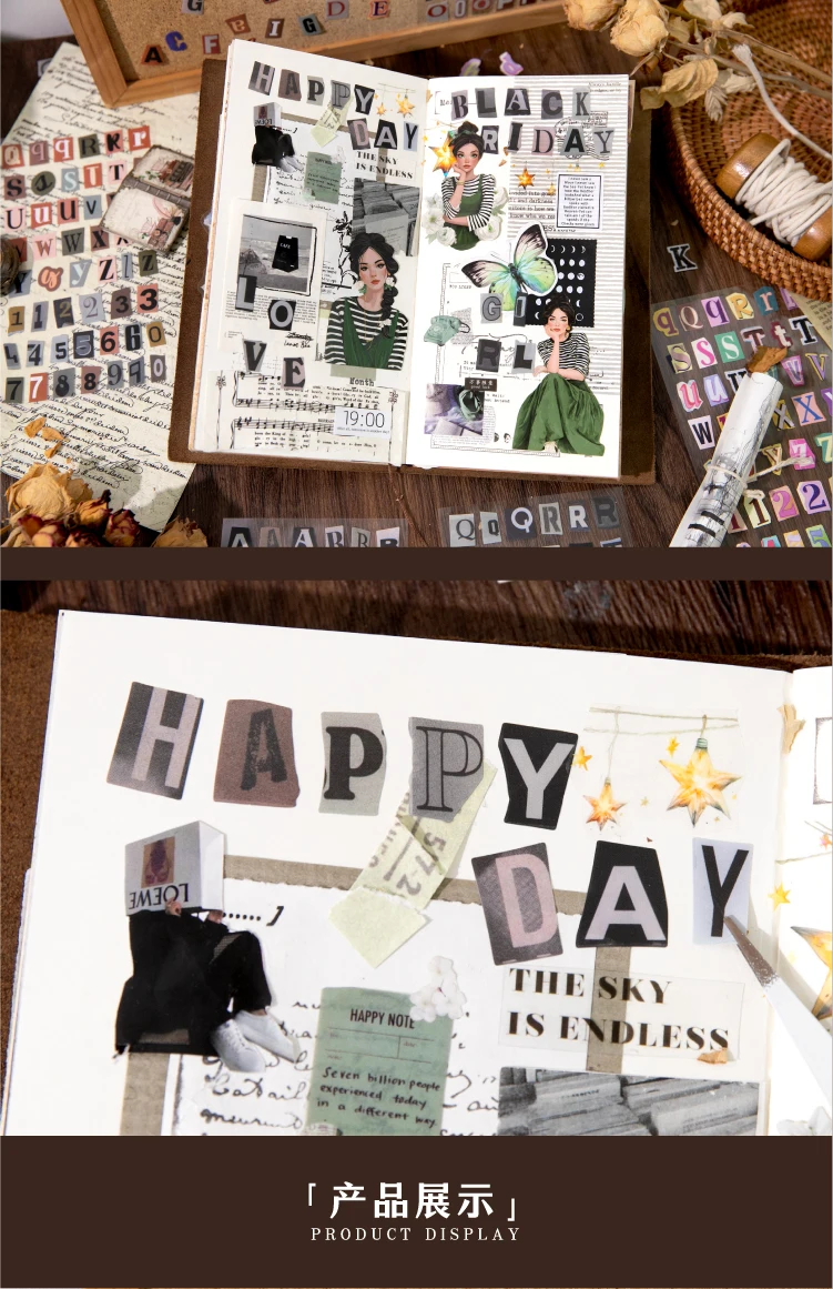 Journal GO 2pcs English Alphabet Number Symbol Stickers Vintage Scrapbook Aesthetic Journaling Supplies Kit Retro Letter Sticker