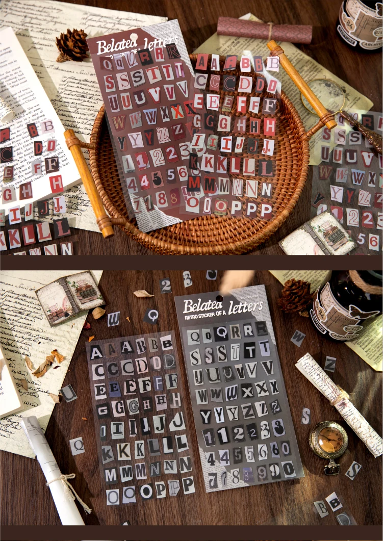 Journal GO 2pcs English Alphabet Number Symbol Stickers Vintage Scrapbook Aesthetic Journaling Supplies Kit Retro Letter Sticker