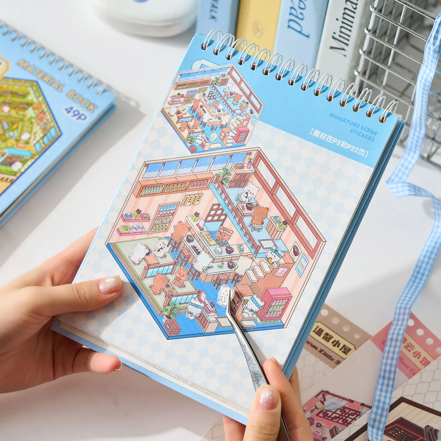 Mr.Paper 1Sticker Book+1Tweezers Set Miniature Business Town Diorama 3D Decal for DIY Scene Craft Micro Landscape Puzzle Sticker
