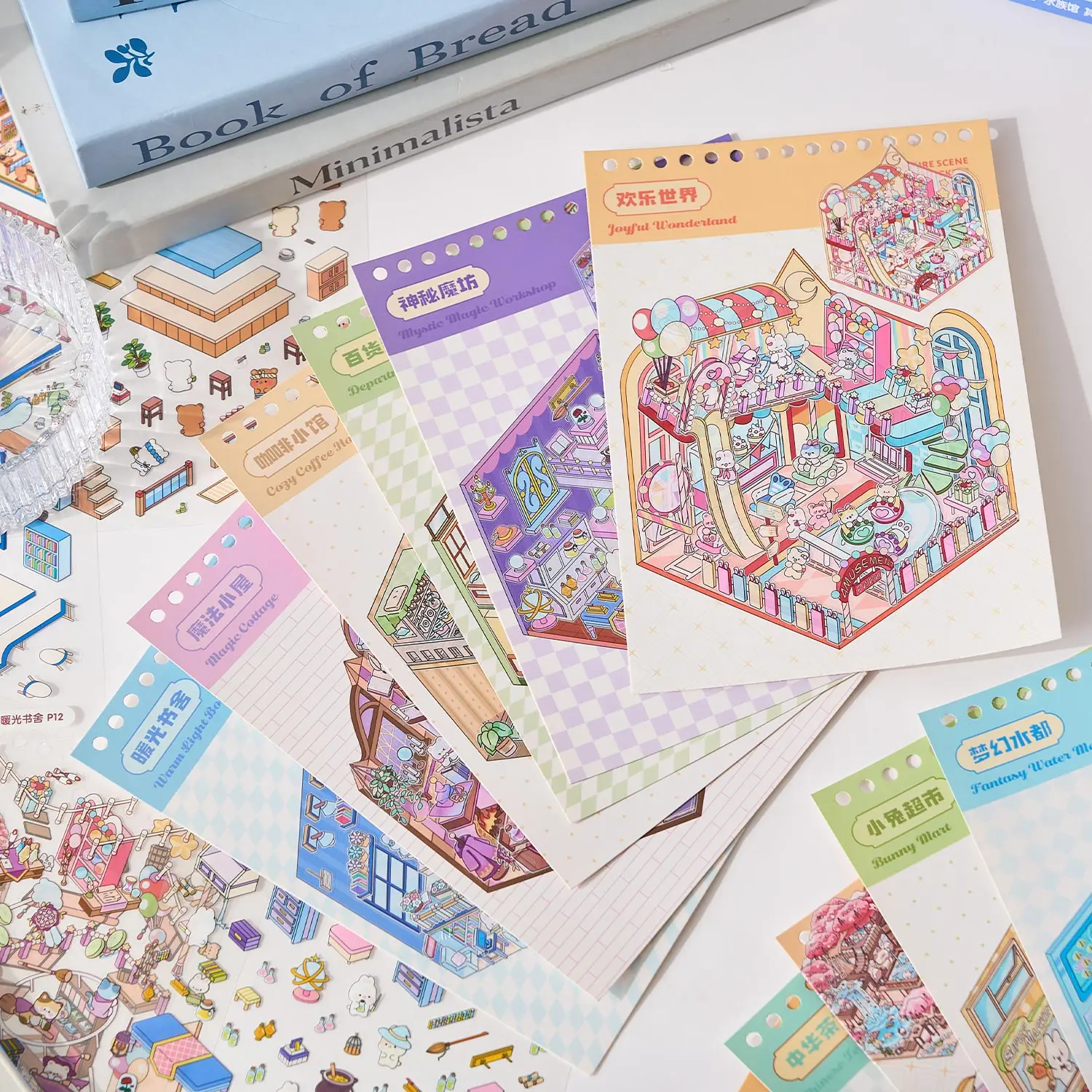 Mr.Paper 1Sticker Book+1Tweezers Set Miniature Business Town Diorama 3D Decal for DIY Scene Craft Micro Landscape Puzzle Sticker