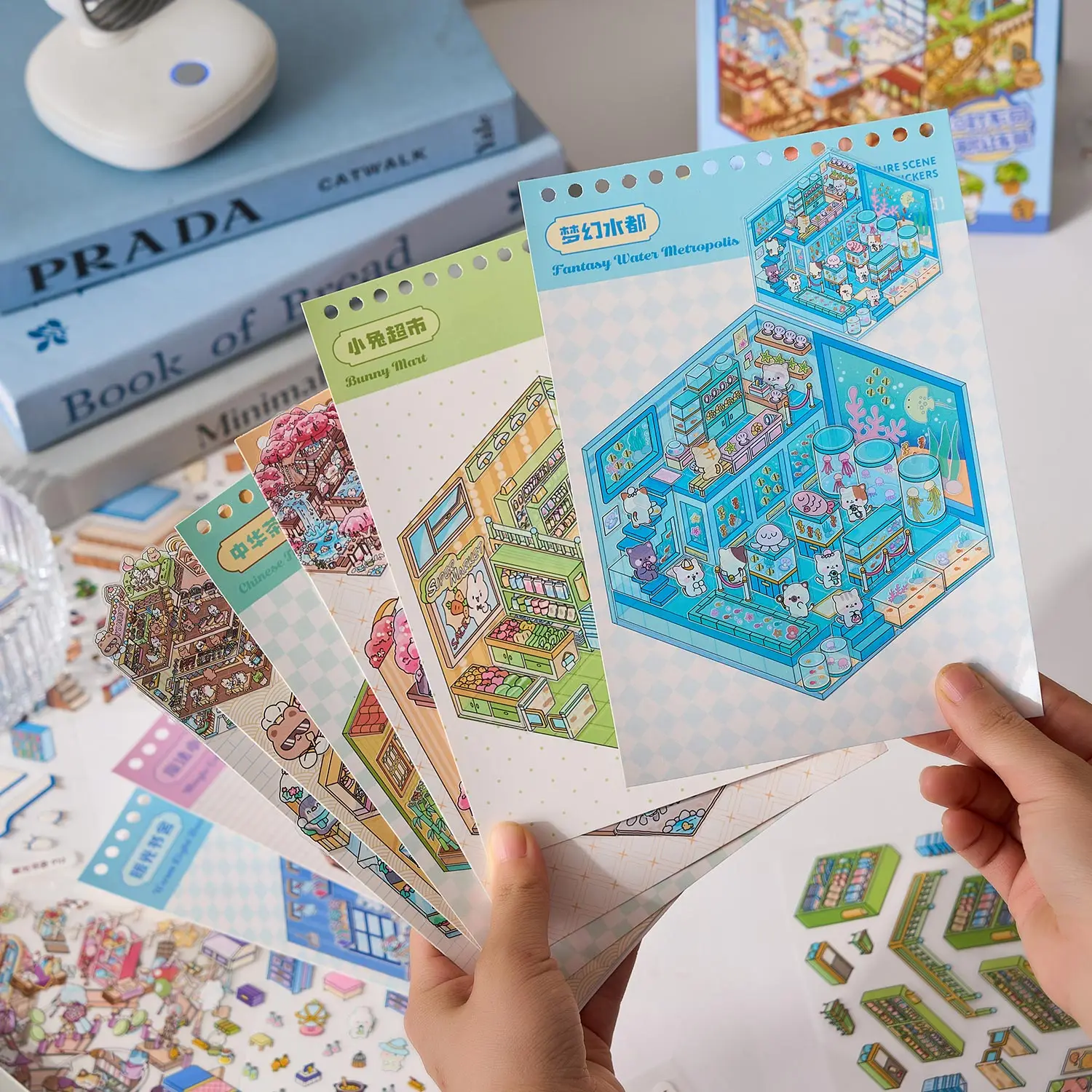 Mr.Paper 1Sticker Book+1Tweezers Set Miniature Business Town Diorama 3D Decal for DIY Scene Craft Micro Landscape Puzzle Sticker