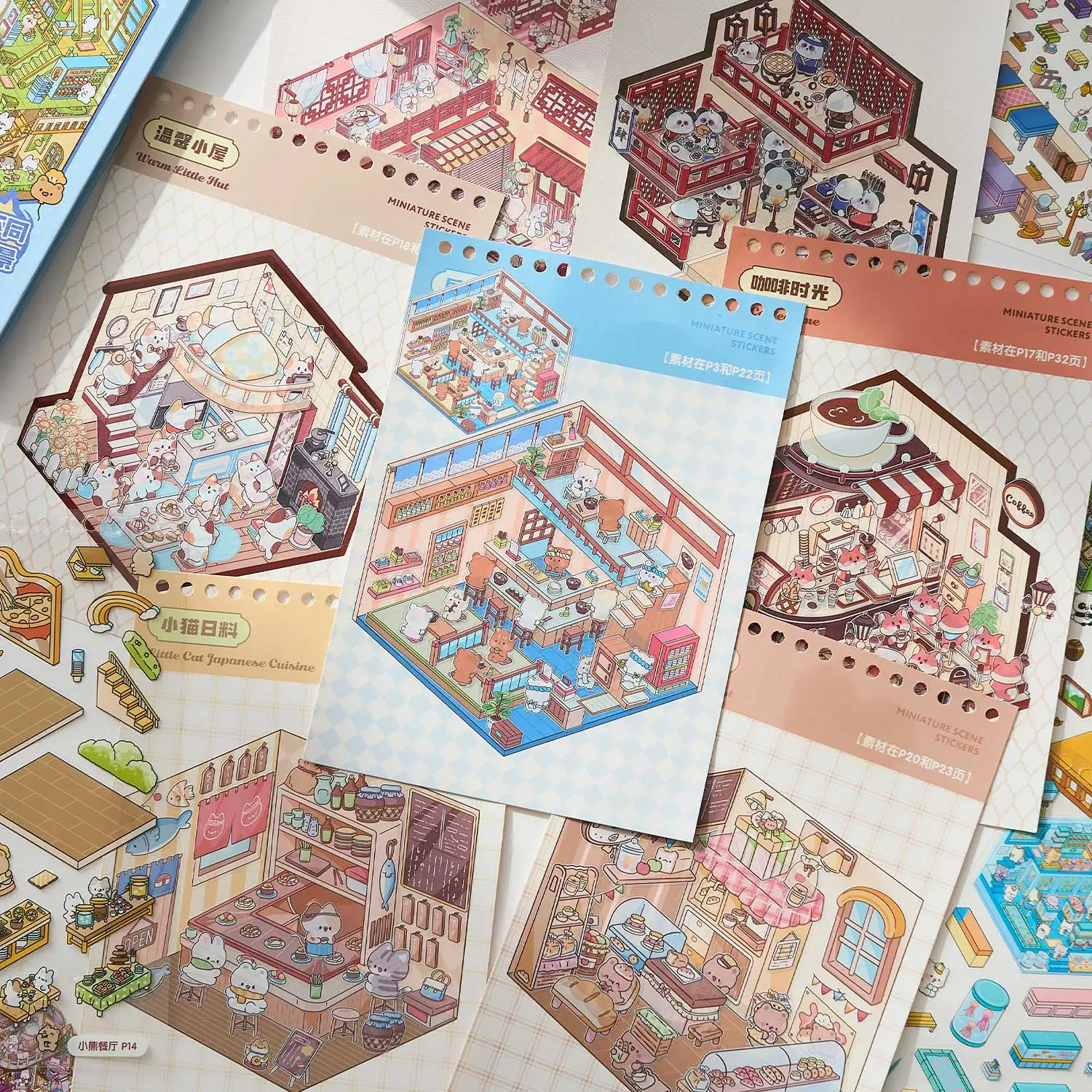 Mr.Paper 1Sticker Book+1Tweezers Set Miniature Business Town Diorama 3D Decal for DIY Scene Craft Micro Landscape Puzzle Sticker