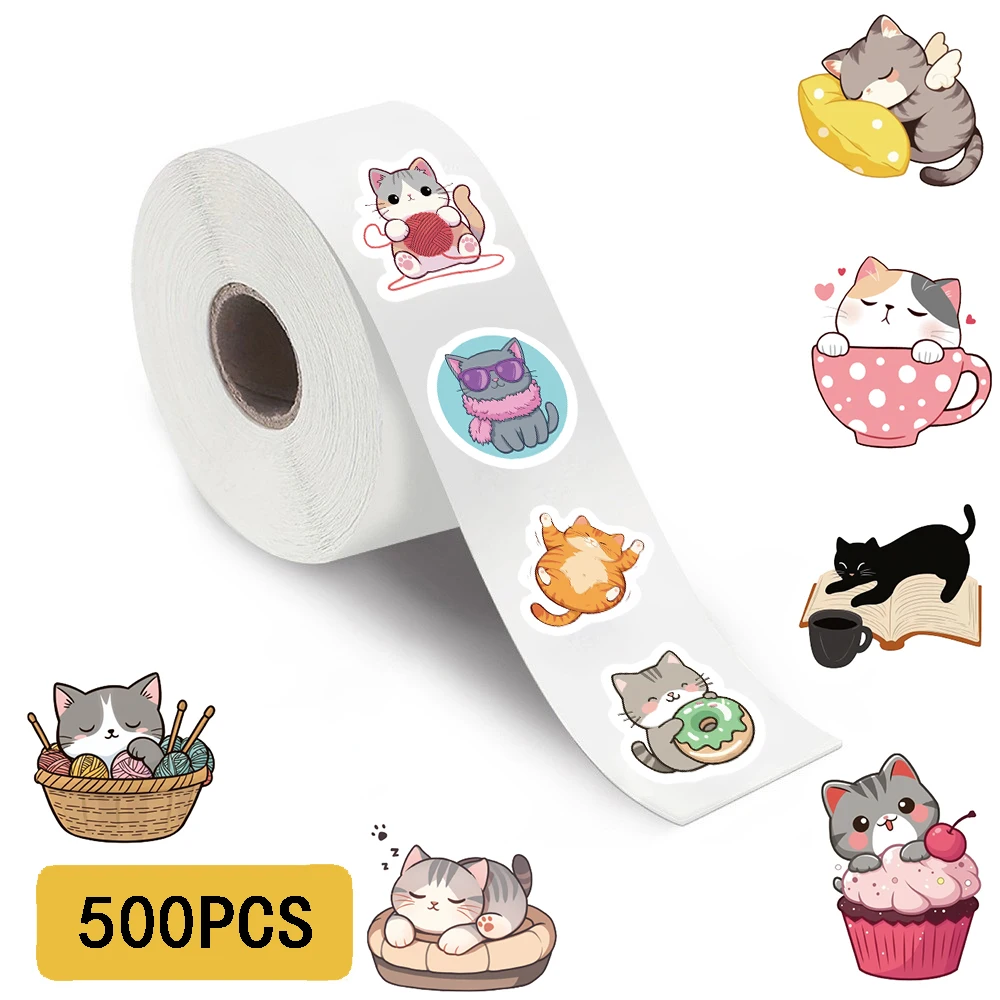 500PCS Cartoon Cat Roll Stickers Harajuku Waterproof Scrapbook Element Y2k FashionCoffee Phone Streetwear Party Stationary Decor