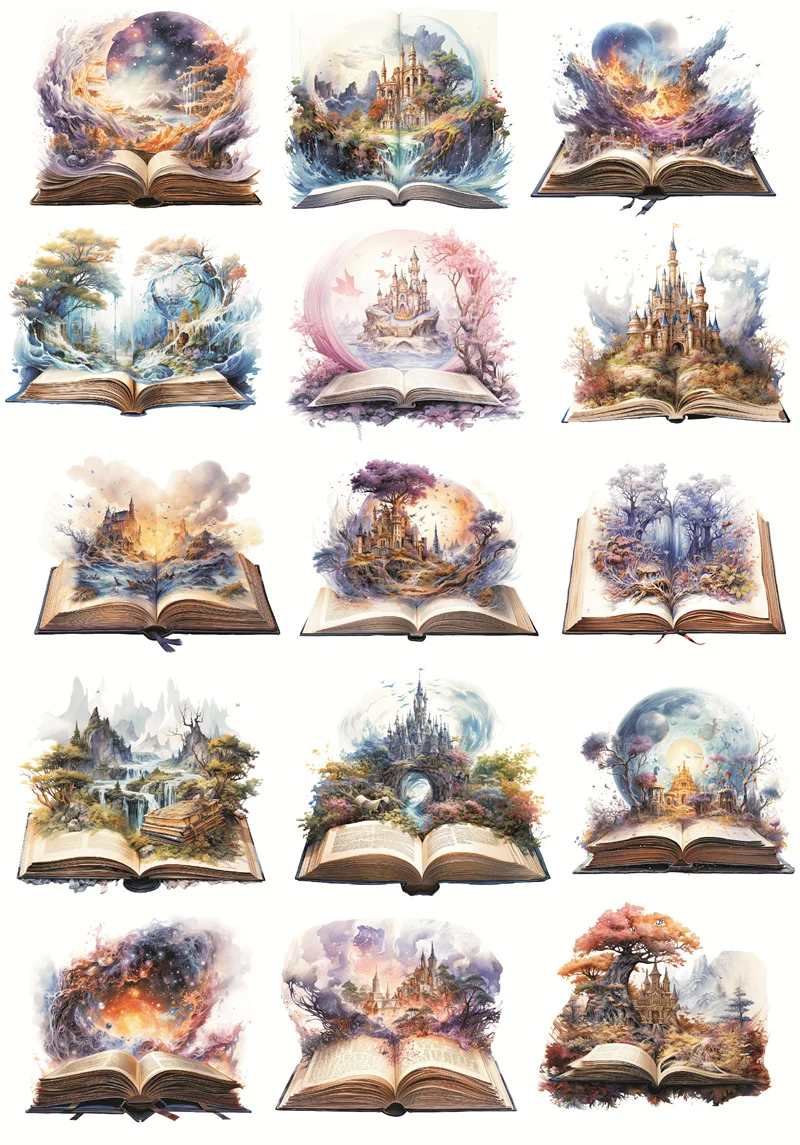 Stickers Hand-painted Watercolor Fairy Tale Castles in Fantasy Books Stickers DIY Scrapbook Diary Project Decoration Vintage