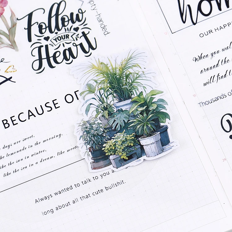 17pcs Cute Waterproof Cartoon Plant Decorative Stickers for Journal Scrapbooking DIY Album INS Style Stationery
