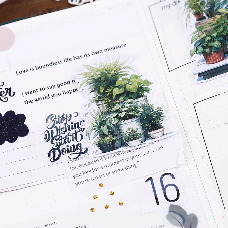 17pcs Cute Waterproof Cartoon Plant Decorative Stickers for Journal Scrapbooking DIY Album INS Style Stationery