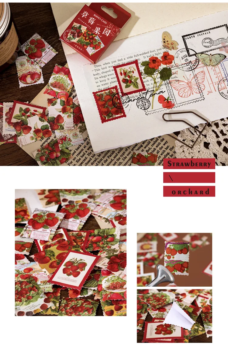 46pcs Strawberry Orchard Stamp Decorative Stickers for Scrapbooking DIY Journal Diary Stick Labels Album Stationery