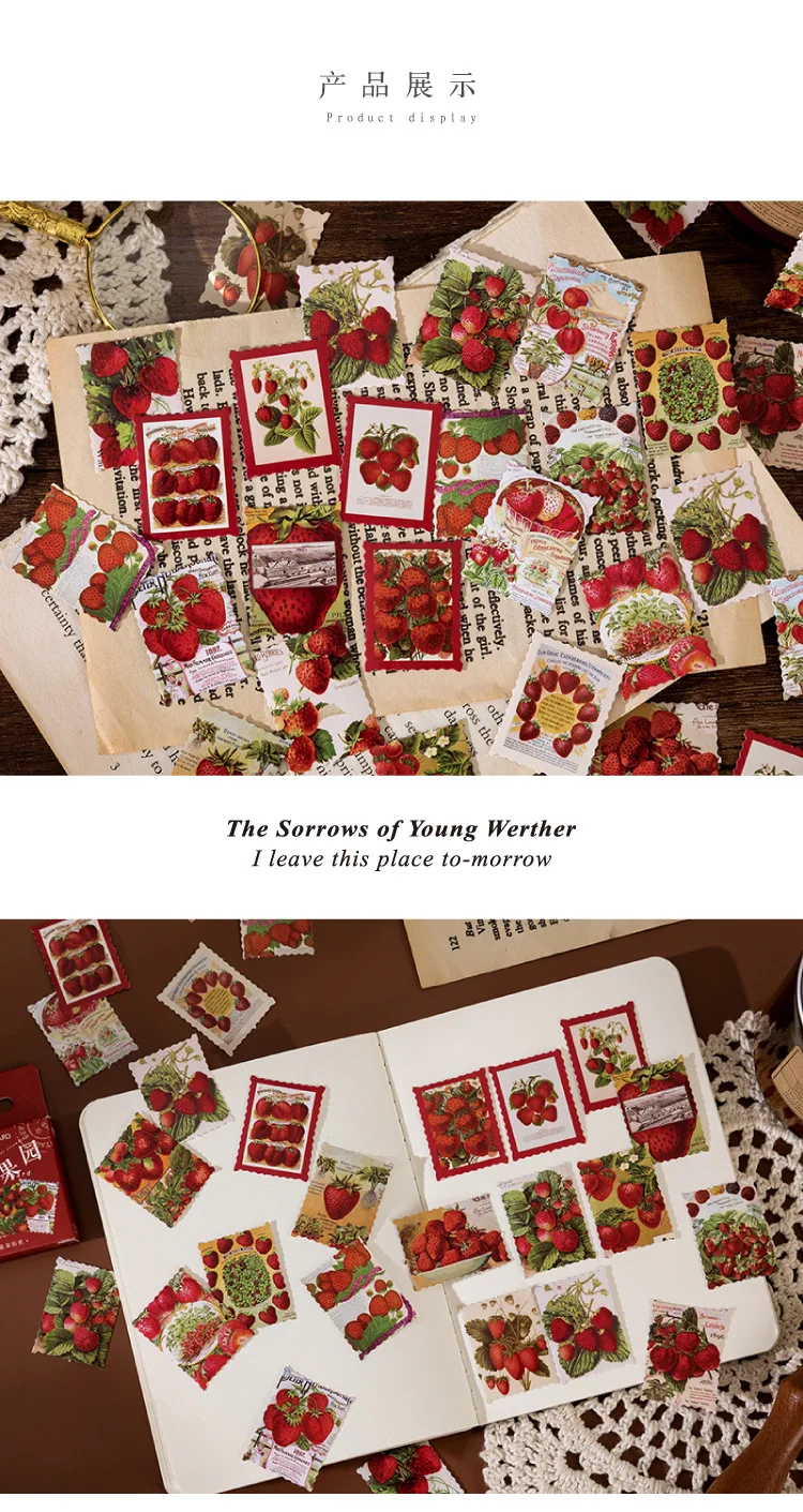 46pcs Strawberry Orchard Stamp Decorative Stickers for Scrapbooking DIY Journal Diary Stick Labels Album Stationery