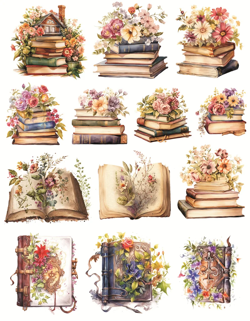 Watercolor Nostalgic Retro Plant and Flower Books Stickers DIY Scrapbooking Diary Project Decoration Vintage Journal