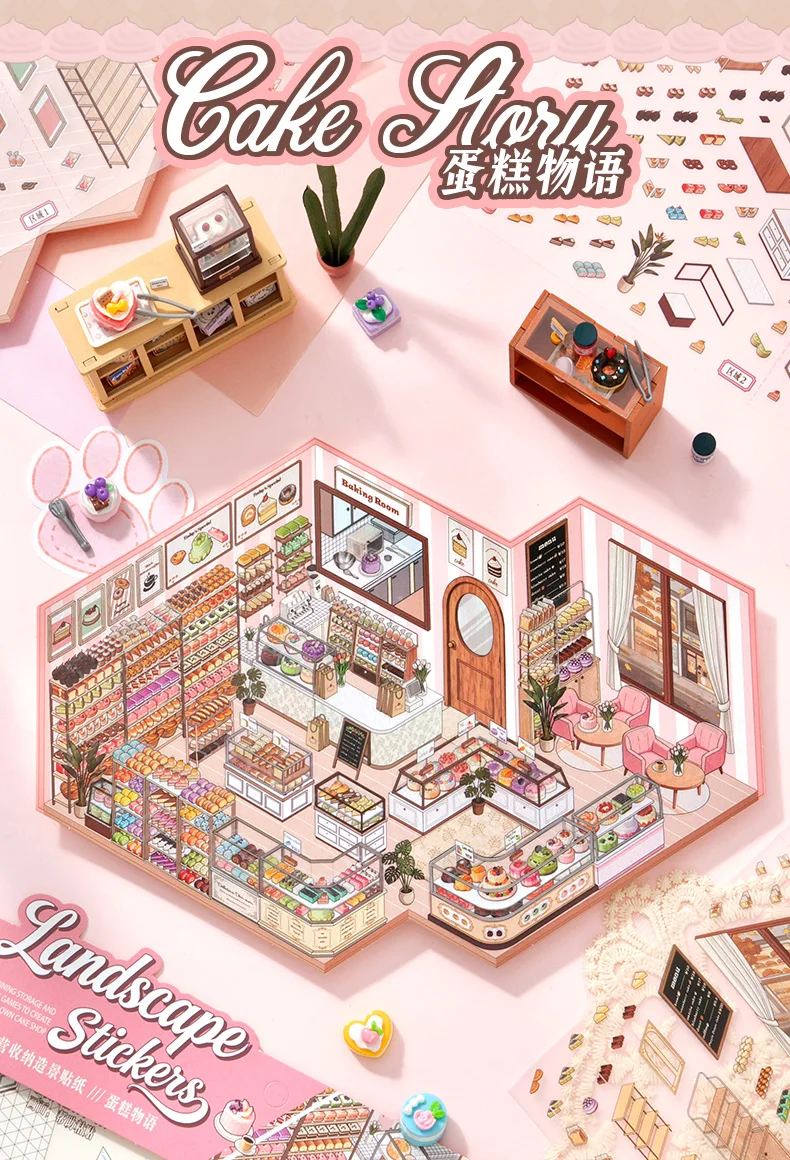 Kawaii 3D Cartoon Shop Style Cake Management Miniature Scene Stickers DIY Handmade Stacking Scrapbook Stickers Children Gifts 