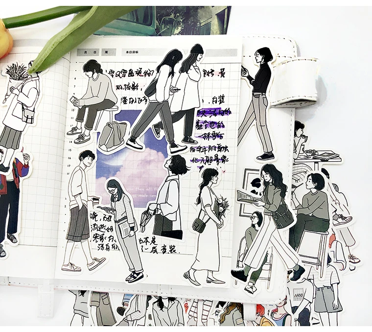 51pcs Cute Girl's Happy Life Character Boy Handbook Sticker Material Package Set Simple Ins Style Scrapbooking