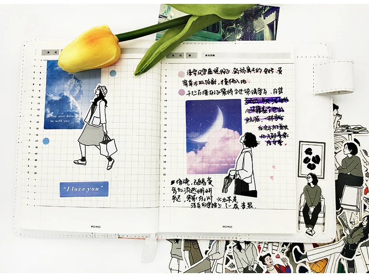 51pcs Cute Girl's Happy Life Character Boy Handbook Sticker Material Package Set Simple Ins Style Scrapbooking