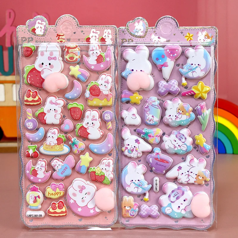 2PCS Cartoon Sticker 3D Puffy Squishy Stress Relief Rabbit Capybara Bear for Phone Case Laptop Decoration Journal DIY Collage Ch