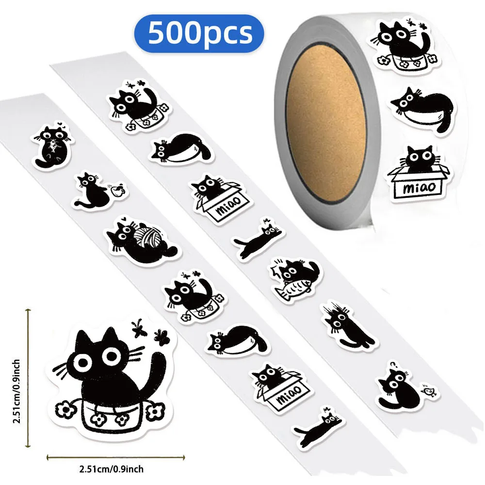 500PCS Small Black Cat Roll Sticker Graffiti Stickers DIY Phone Case Laptop Water Bottle Waterproof Stickers