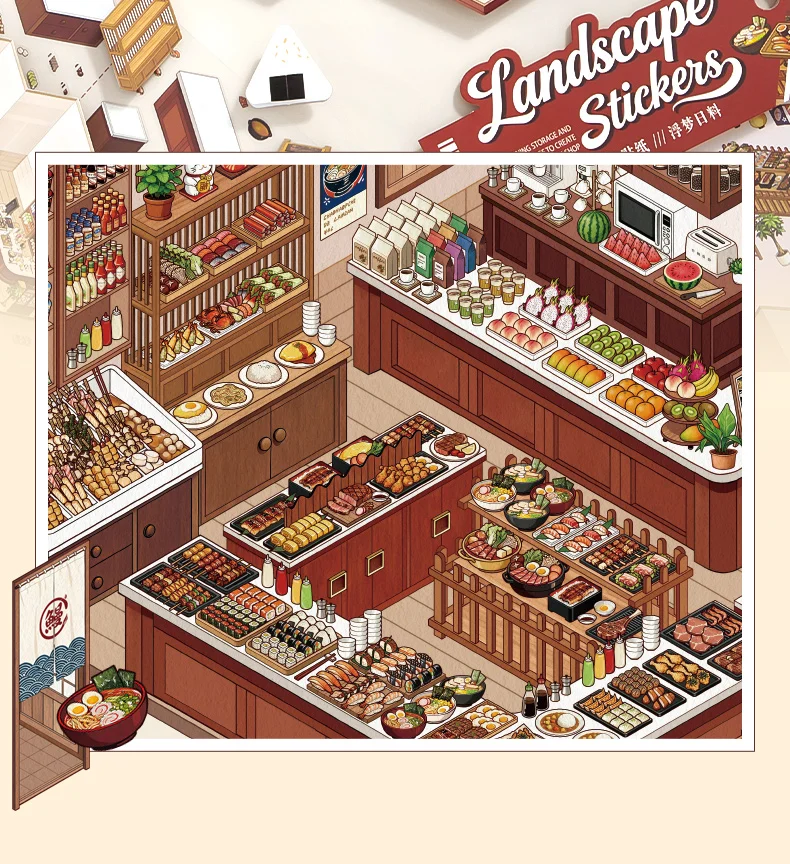 JIAMEI Kawaii 3D Miniature Scene Store Management 2.0 Cartoon Cabin Landscape Stickers DIY Handmade Stacking Scrapbook Sticker