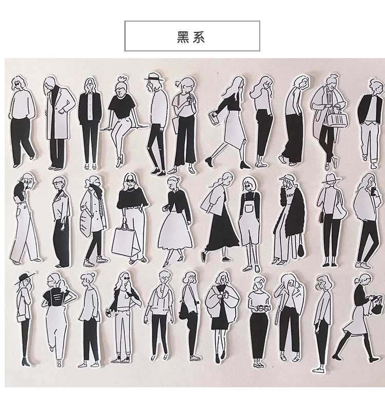 32PCS Black And White Simple Girl Ins Stickers Crafts And Scrapbooking Stickers Book Student Label Decorative Sticker Kids Toys