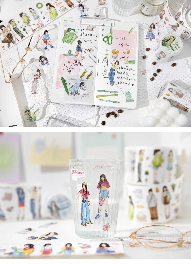 Journal GO 6x200cm Kawaii Scrapbooking Character Masking Tape Decor Diary Album Aesthetics Stationery Junk Journal Tape Stickers