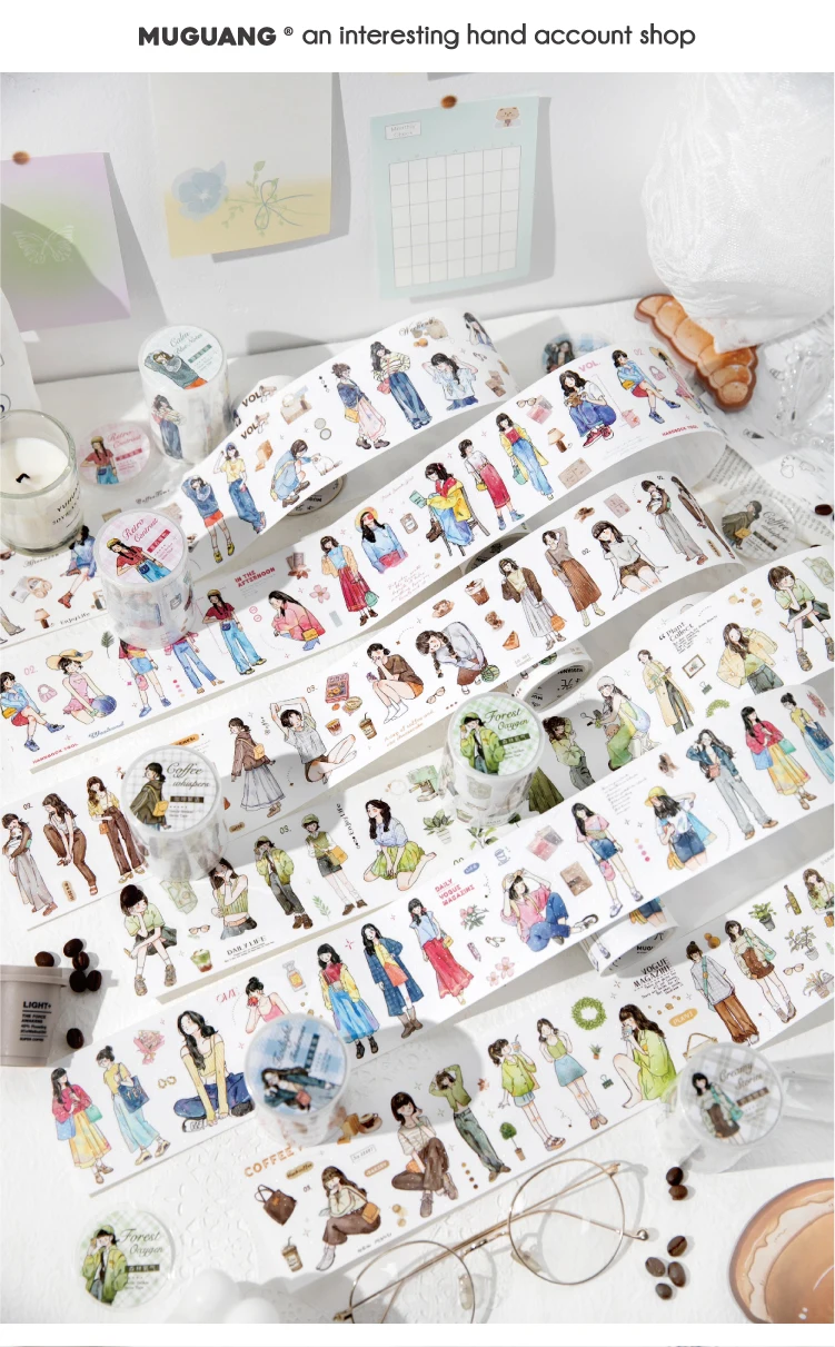 Journal GO 6x200cm Kawaii Scrapbooking Character Masking Tape Decor Diary Album Aesthetics Stationery Junk Journal Tape Stickers
