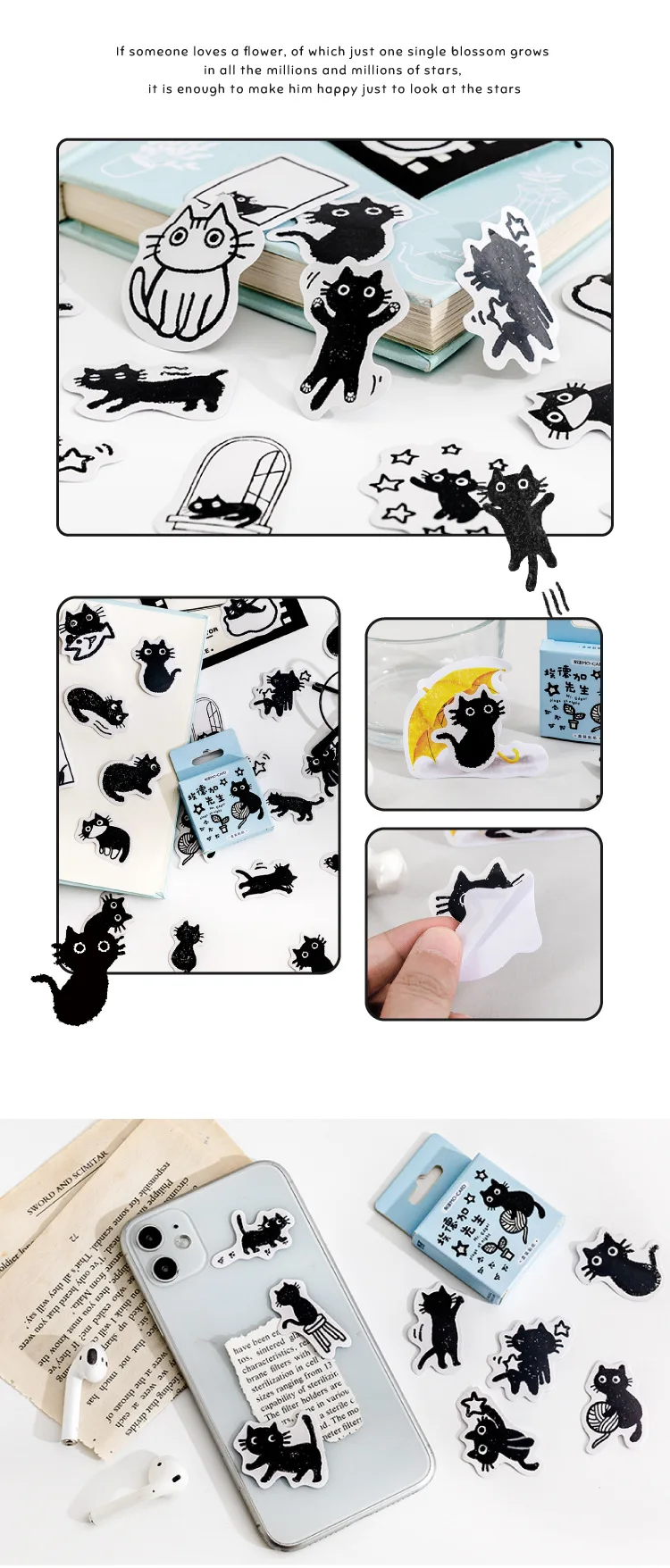 45pcs Kawaii Little Black Cat Decorative Boxed Stickers Scrapbooking Label Diary Stationery Album Phone Journal Planner