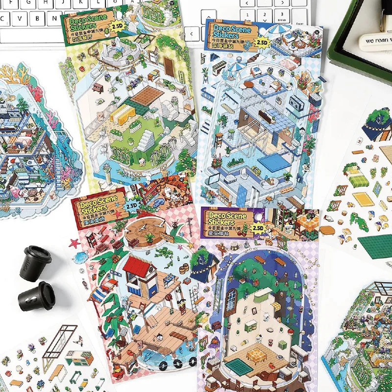 Mr Paper 12Pcs/bag Sticker Scene 2.5D Scenery Sticker DIY Sticker Highly Playable Sticker Stacking Pasting Festival Birthday Gif