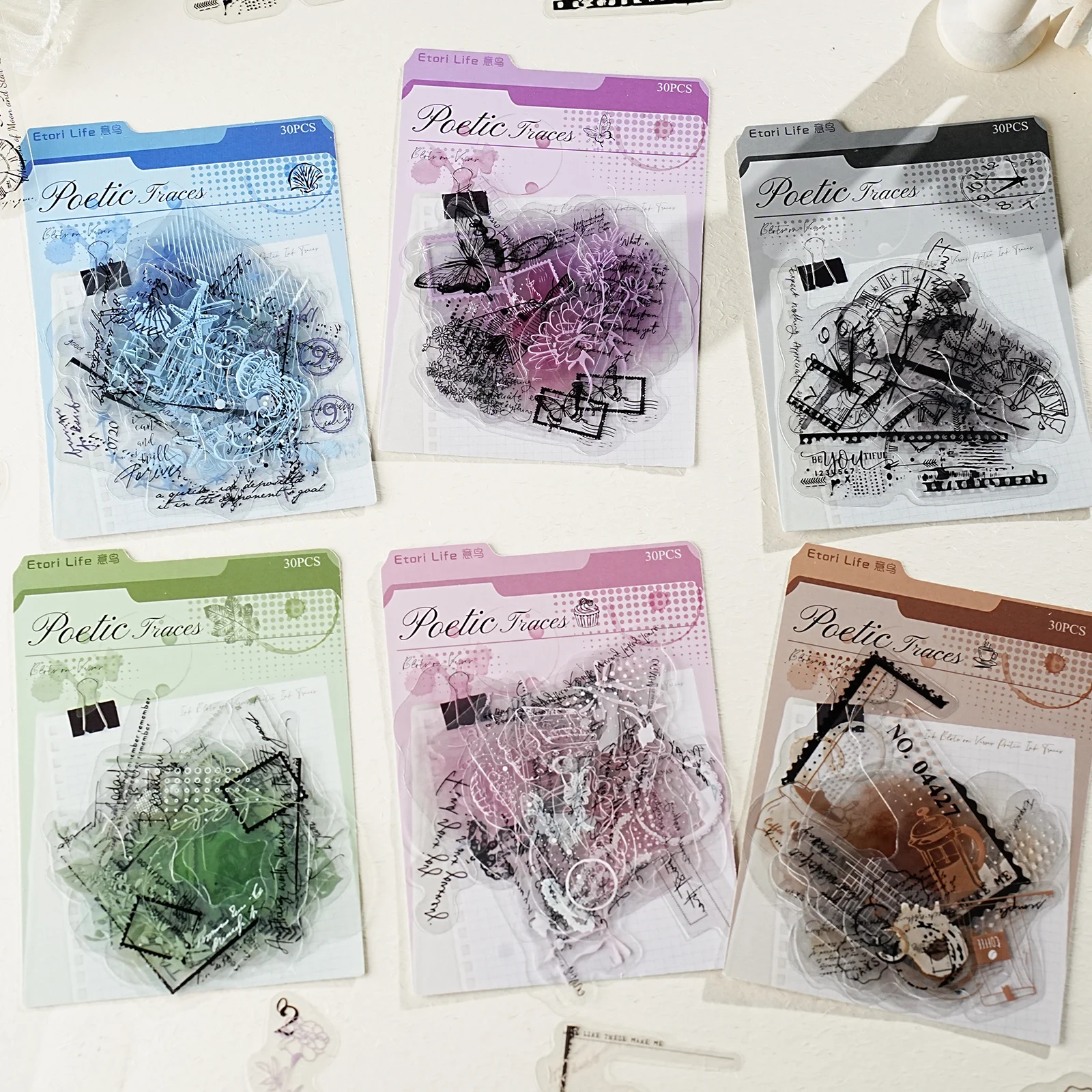 Etori Life Poem Ink Mark Series 30Pcs Vintage Watercolor Collage Pet Stickers Floral Lace Old Newspaper Clock Journal Decoration Materials for Laptops, Phone Stickers, Suitcases, Office Decoration Accessories, DIY Crafts, Pencil Cases, Handmade Scrapbooking Supplies, Student Gift Paper Bags, Children's Stickers, Gifts for Friends