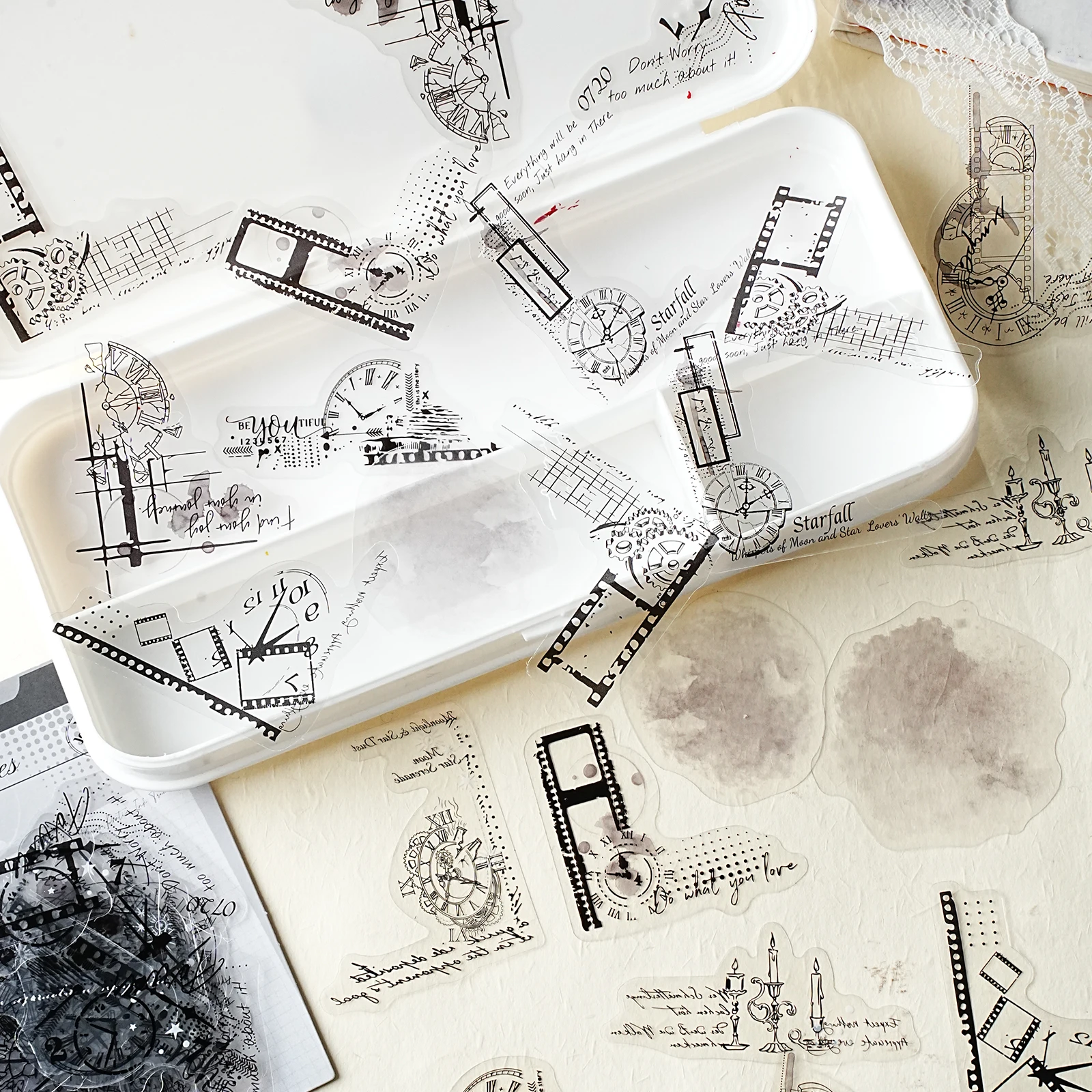 Etori Life Poem Ink Mark Series 30Pcs Vintage Watercolor Collage Pet Stickers Floral Lace Old Newspaper Clock Journal Decoration Materials for Laptops, Phone Stickers, Suitcases, Office Decoration Accessories, DIY Crafts, Pencil Cases, Handmade Scrapbooking Supplies, Student Gift Paper Bags, Children's Stickers, Gifts for Friends