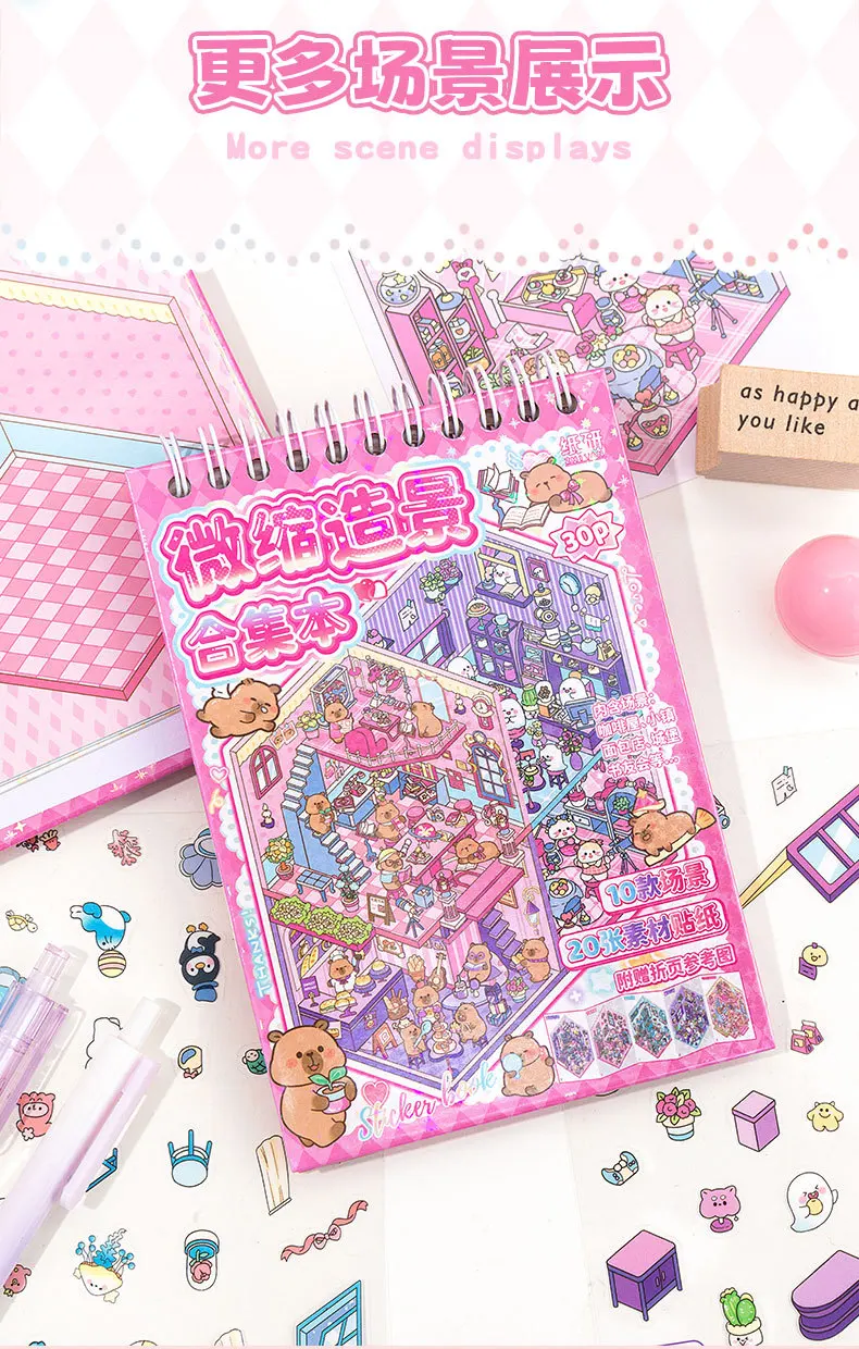 20-Sticker Cute Animal Miniature Scenery Spiral Book, 10 Different Scenes, Stress-Relief Scenery Sticker Album