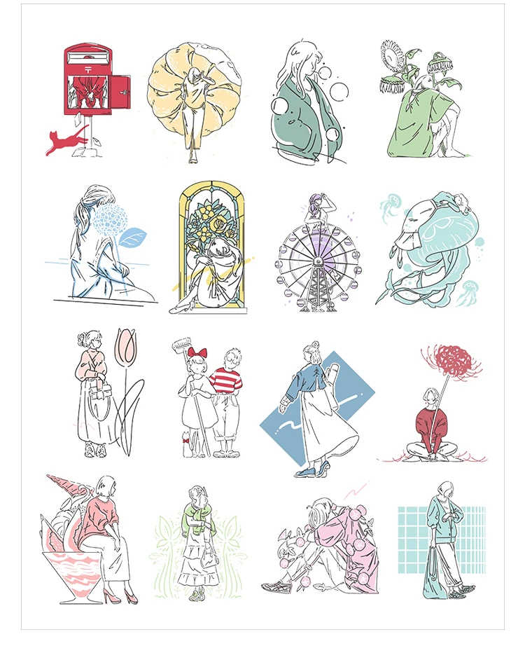 Stickers 16pcs Cloud Window Girl's Hand Account Girl's Heart Character Cute Children's Ins Wind Case Decoration Material