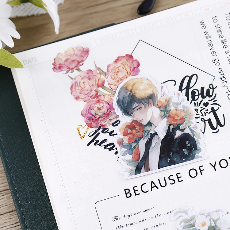16pcs Floral Youth Cartoon Waterproof Decorative Boy Stickers for Planner Journal Notebook Ins DIY Waterproof