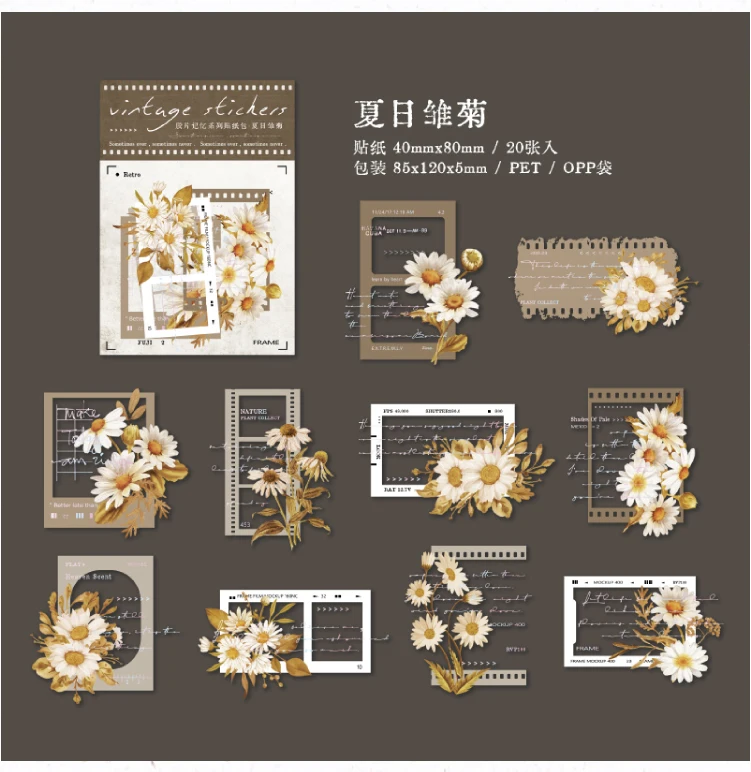 JIAMEI 30pcs/pack Transparent PET Flower Stickers Retro Film DIY Scrapbooking Decor Junk Journal Supplies Sticker Stationery