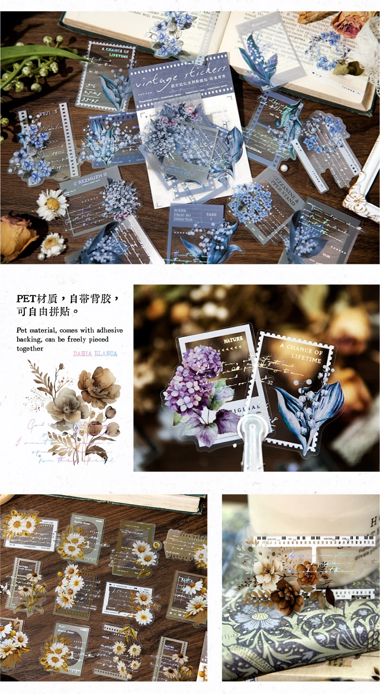 JIAMEI 30pcs/pack Transparent PET Flower Stickers Retro Film DIY Scrapbooking Decor Junk Journal Supplies Sticker Stationery