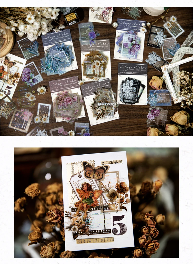 JIAMEI 30pcs/pack Transparent PET Flower Stickers Retro Film DIY Scrapbooking Decor Junk Journal Supplies Sticker Stationery