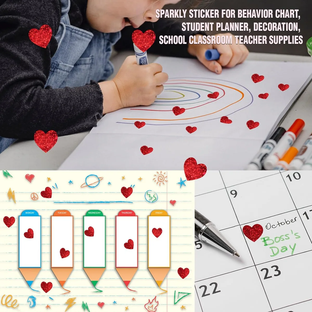 600 Pcs Red Heart Stickers, Small Holographic Stickers for Student Reward 0.5in Small Sparkly Sticker for Gift Sealing