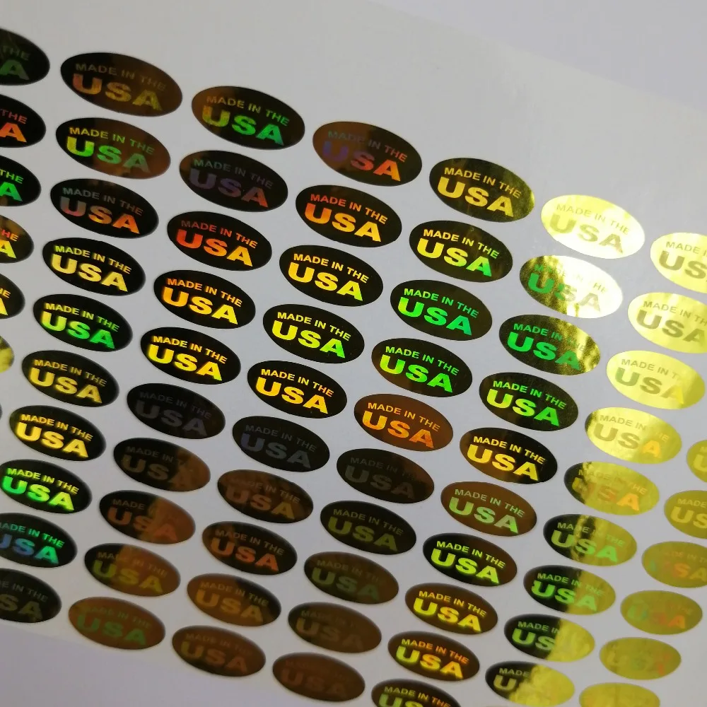500pcs 'MADE IN THE USA' Silver/Gold Color Holograms Seal Stickers 13x6.5mm Oval Shape