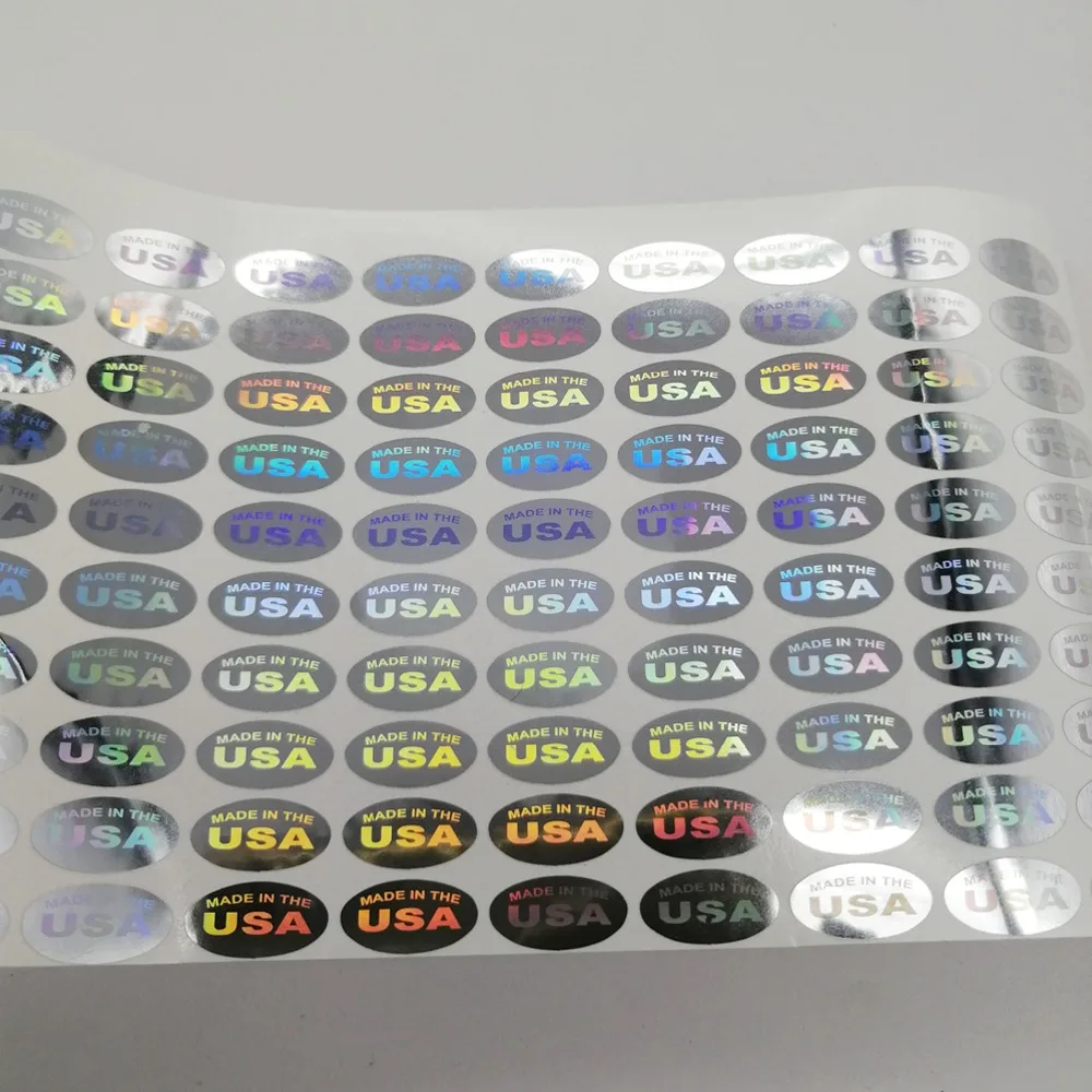 500pcs 'MADE IN THE USA' Silver/Gold Color Holograms Seal Stickers 13x6.5mm Oval Shape