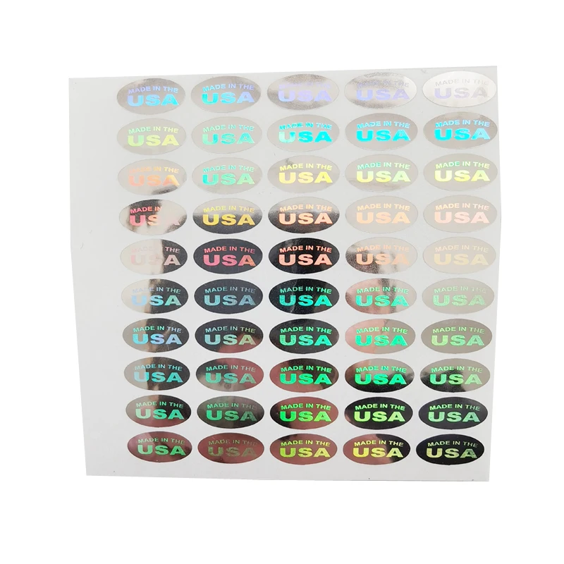 500pcs 'MADE IN THE USA' Silver/Gold Color Holograms Seal Stickers 13x6.5mm Oval Shape