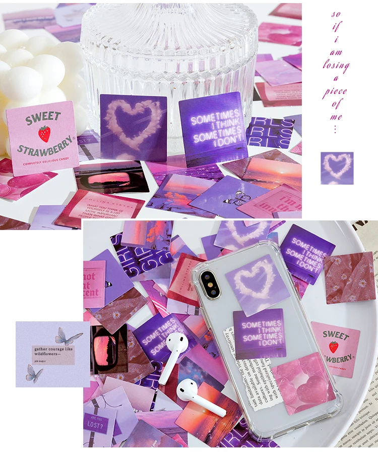 45Pcs/Box Purple Series Stickers Aesthetic Stickers Decorative Ablum Diary Squared Paper Stickers For Children Stationery