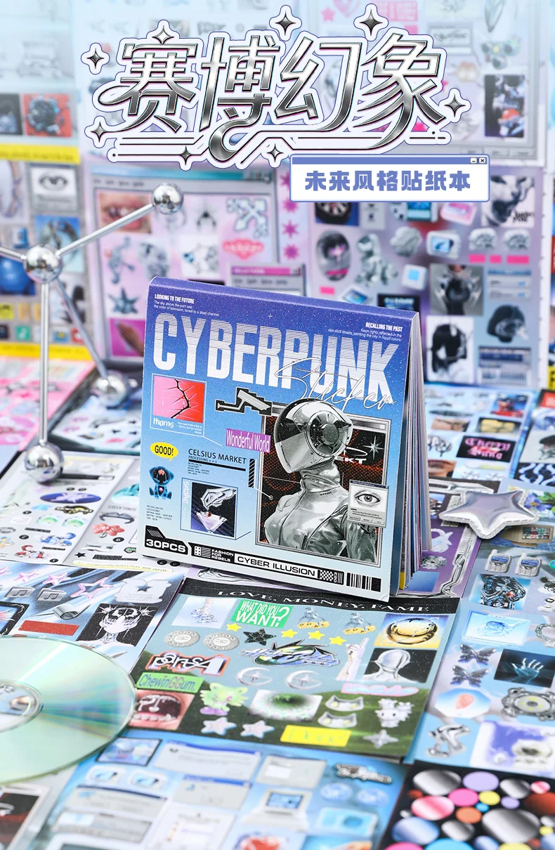 JIAMEI 30sheets Retro and Future Series Kawaii Ins Die Cutting Font Stickers Book DIY Diary Clipbook Aesthetics Stickers