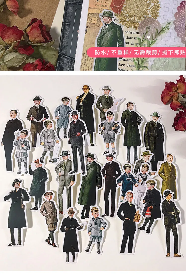 25pcs European Retro Characters Hand Account Material Stickers Vintage Men's Waterproof Decorative Stationary Planner