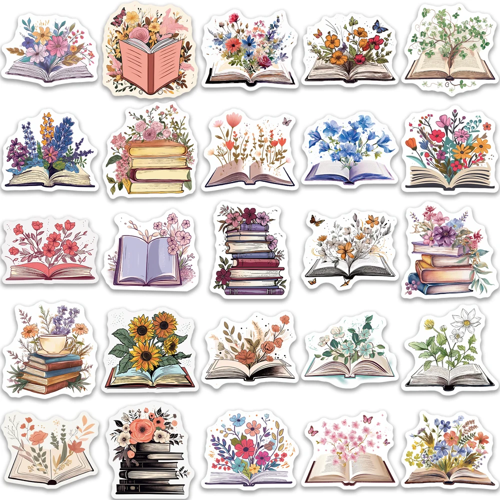 50PCS Retro Flower Books Stickers Exquisite Handbooks Materials Phone Cases Laptop Suitcases Water Cups Waterproof Stickers
