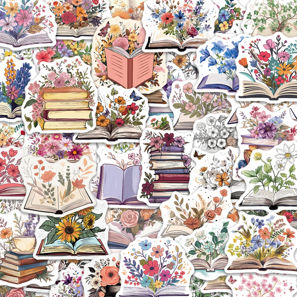 50PCS Retro Flower Books Stickers Exquisite Handbooks Materials Phone Cases Laptop Suitcases Water Cups Waterproof Stickers