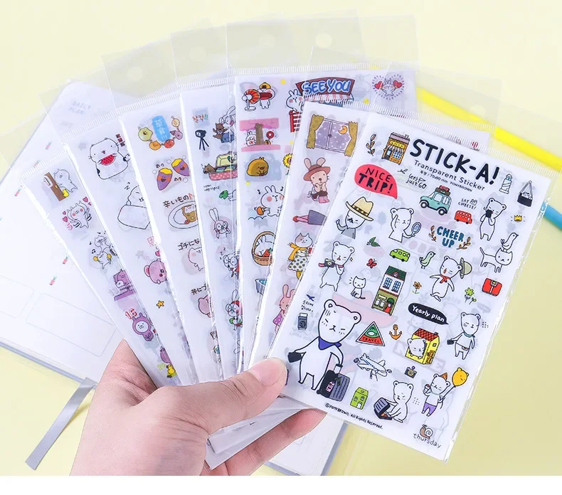 6Pcs/Lot Waterproof Cartoon Transparent Pvc Stickers DIY Hand Account Diary Decorative Stickers Kawaii Phone Cup Stickers