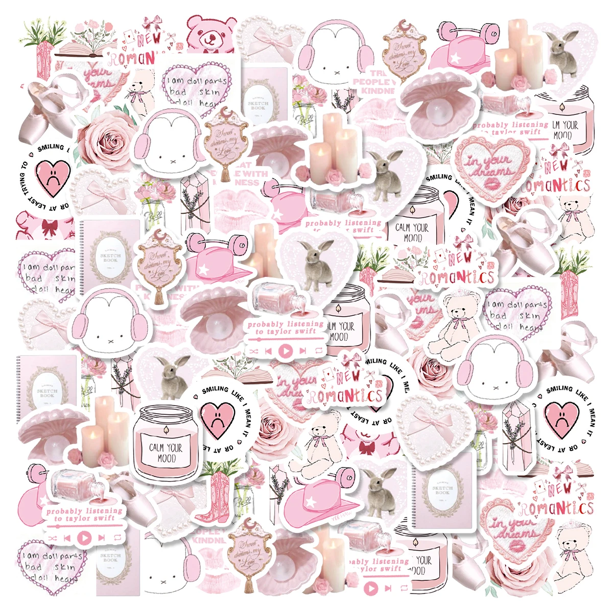 46pcs Bunny, Bear, Perfume Pink Graffiti Stickers Decorated Notebook Water Cup Diary Guitar Student Stationery PVC Decals