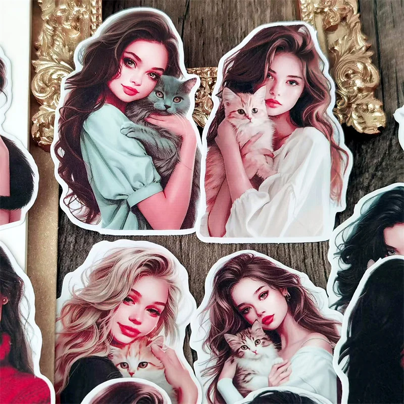 A Girl Holding A Cat Handbook Cute Girl Stickers Decorative Small Pattern Ins Mobile Phone Diy Photo Album Material Stationery