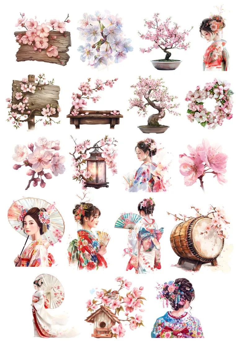 StickersBeautiful Japanese Geisha, Kimono, Cherry Blossom Girl Decorative DIY Craft Photo Albums Planner Journal Scrapbooking