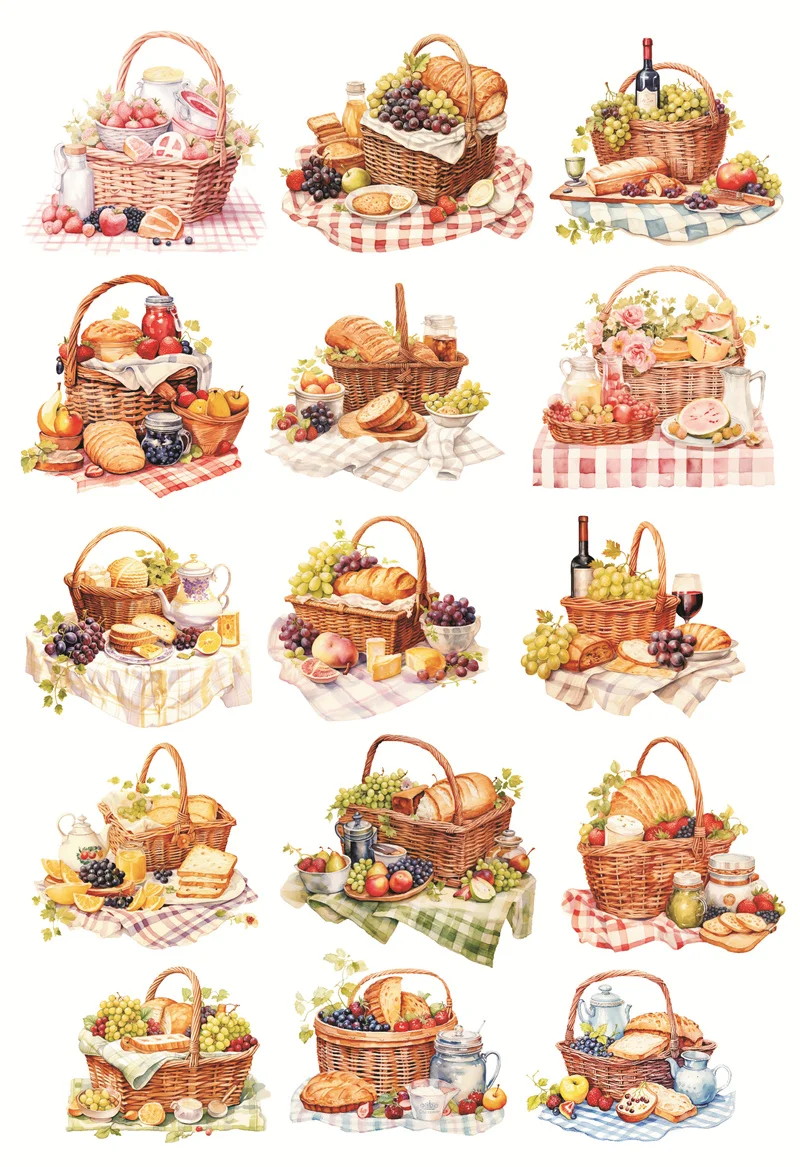 Watercolor Picnic Food Basket Bread Fruit Stickers Crafts and Scrapbooking Stickers Book Decorative DIY Stationery Waterproof