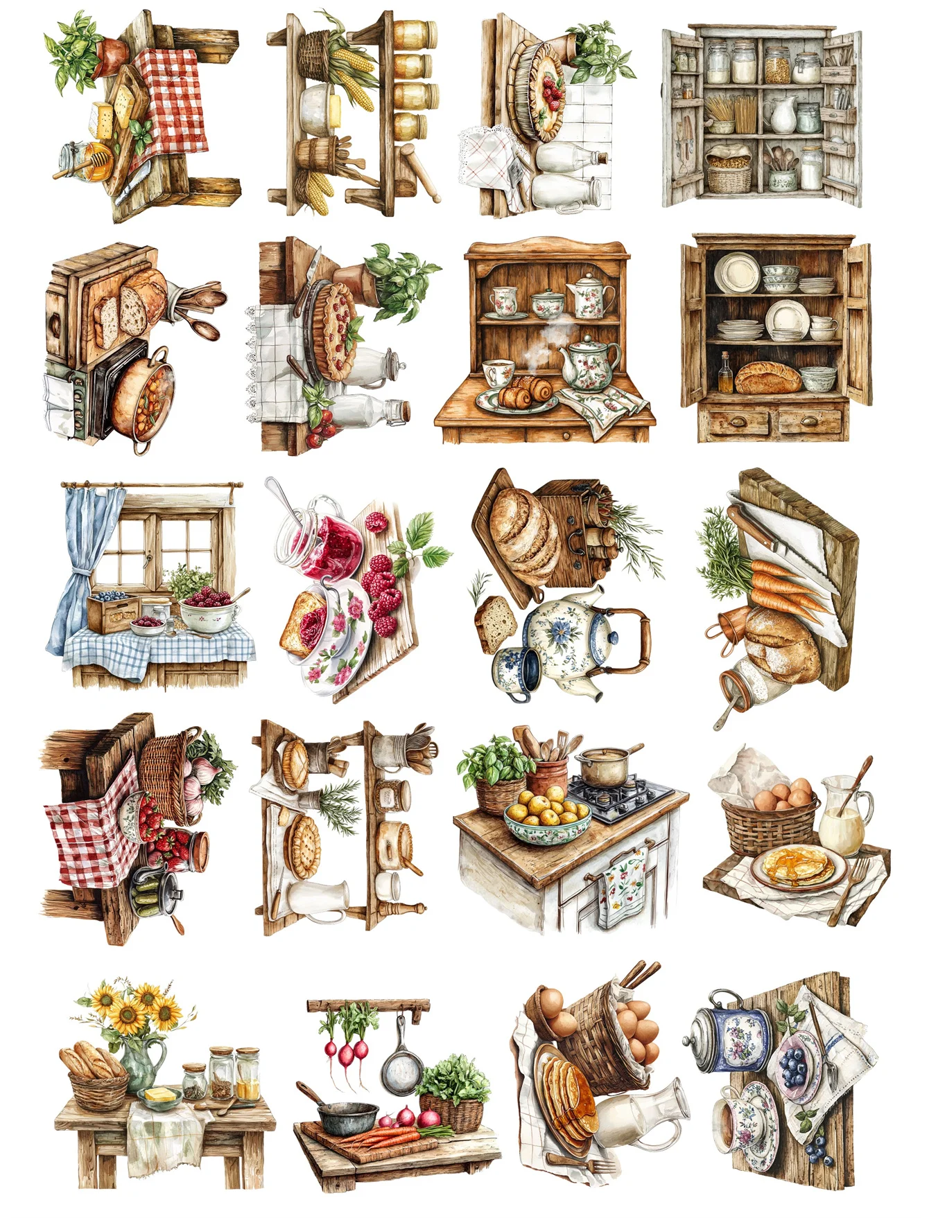 20pcs Watercolor Village Kitchen Home Cooking Hand Account Stickers Stationery Laptop Fridge Suitcase Skateboard Phone Sticker