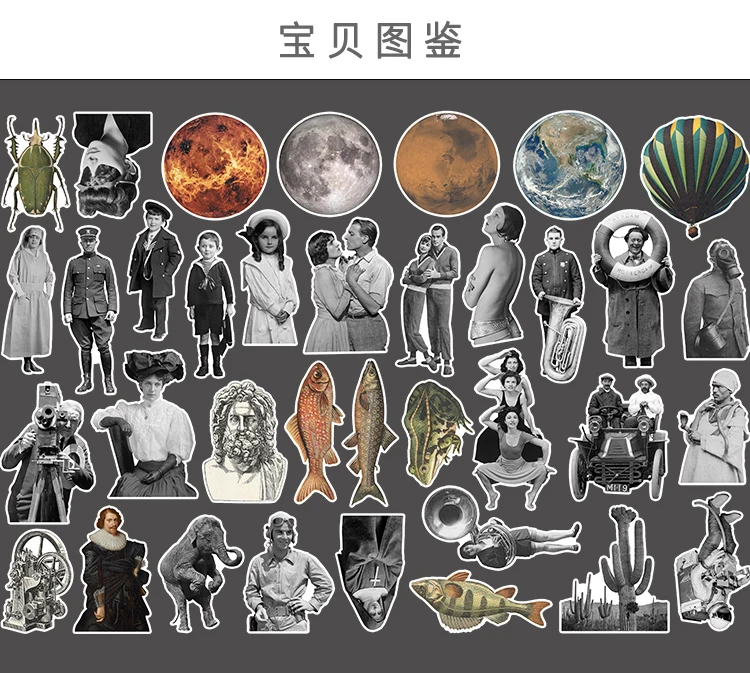 Stickers 36pcs Retro Style Hand Account European Trend Characters Fish Planet Stationery Mobile Phone Waterproof Decorative